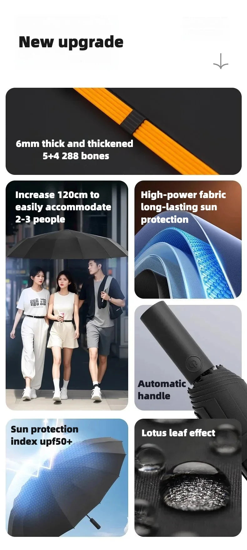 Stormproof Automatic Folding Umbrella - 288-Rib Reinforced Windproof Rain & Sun Umbrella with UPF50+ UV Protection (Men's Large)
