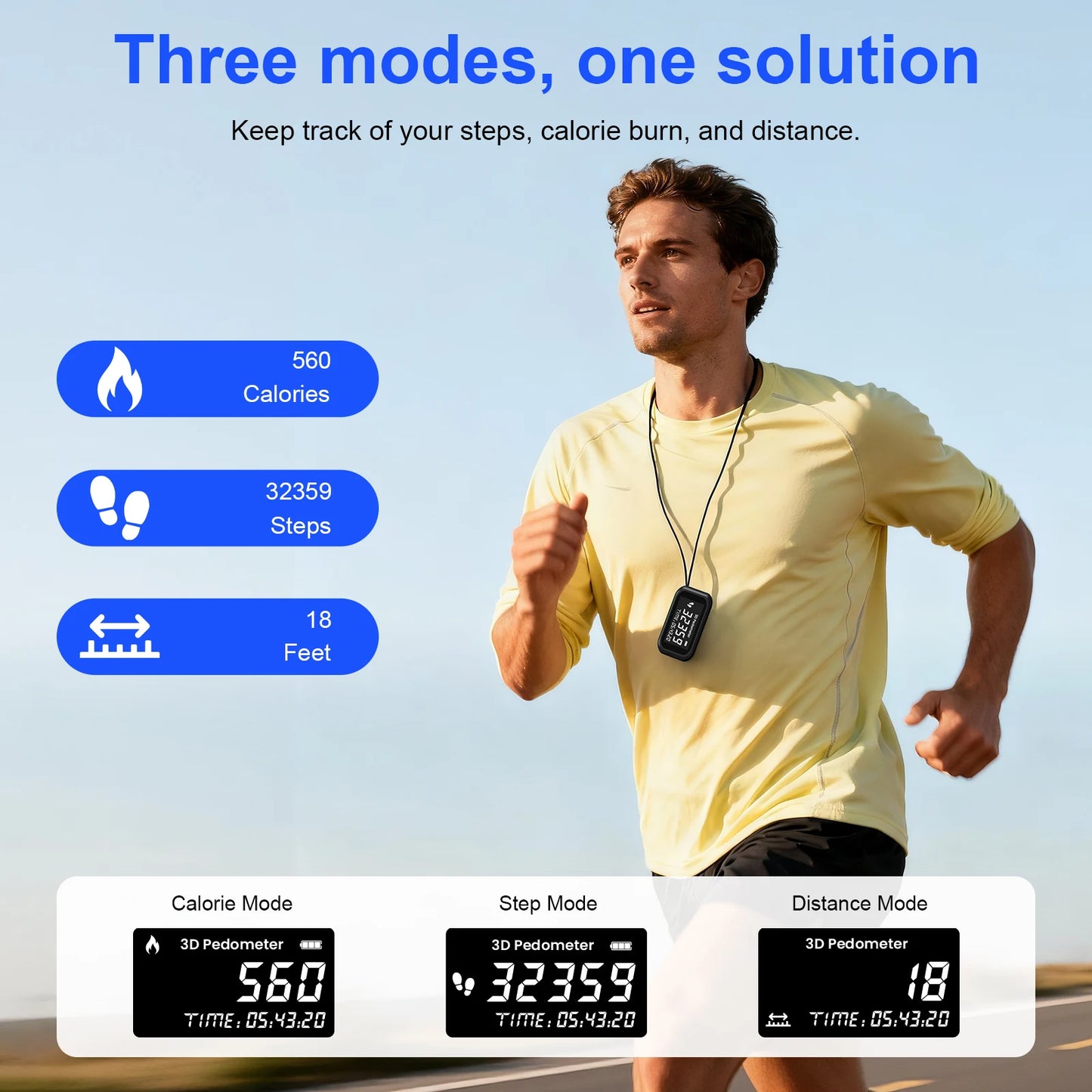 Rechargeable 3D Pedometer with LCD Display - Accurate Step Counter & Calorie Tracker for Running, Walking & Fitness