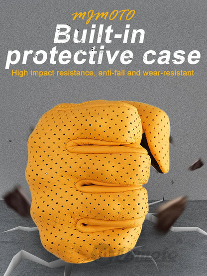 Breathable Perforated Leather Motorcycle Gloves - Retro Yellow Racing Gloves with Touch Screen for Men & Women - Motocross Motorbike Riding Gear