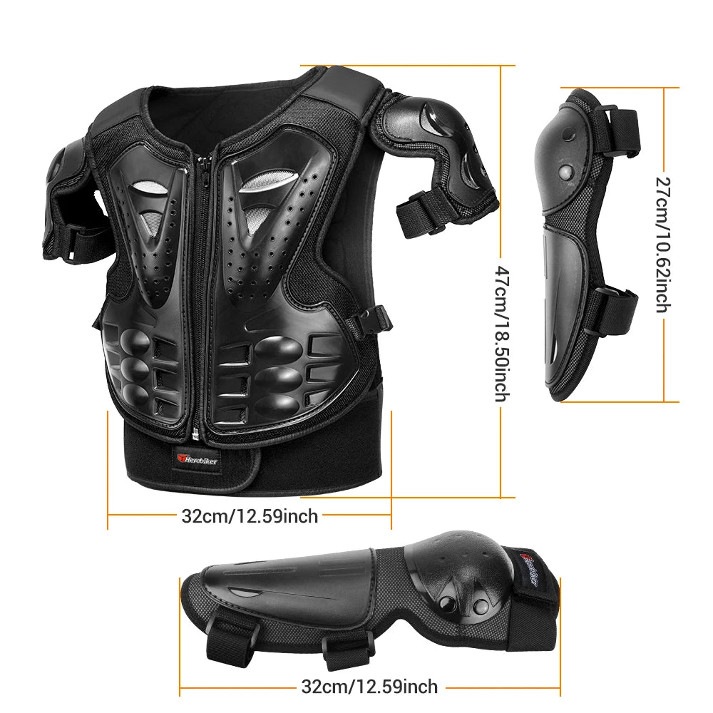 Kids Full Body Motorcycle Armor Set - Protective Vest Jacket with Kneepads for Motocross Riding