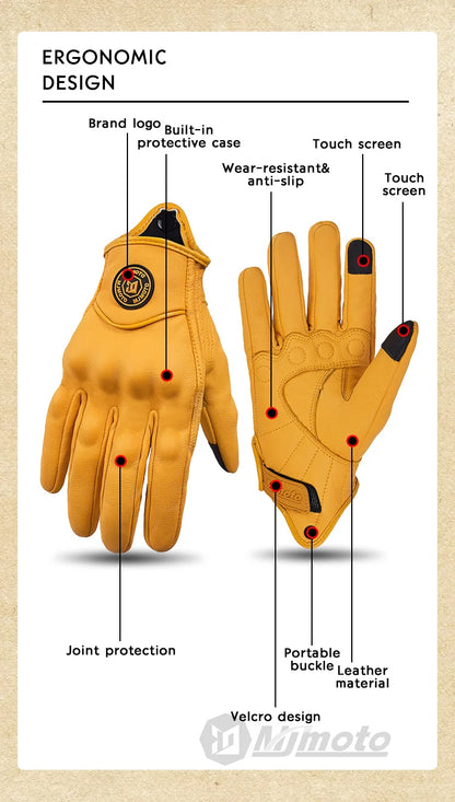 Breathable Perforated Leather Motorcycle Gloves - Retro Yellow Racing Gloves with Touch Screen for Men & Women - Motocross Motorbike Riding Gear
