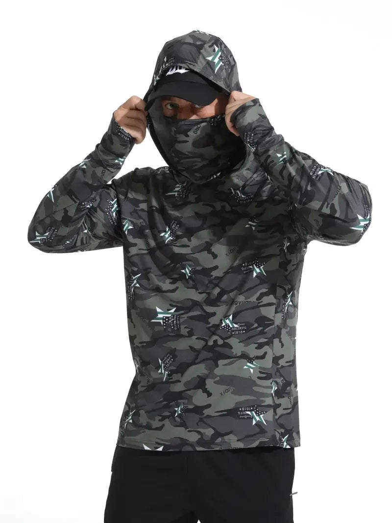 Men's Hooded Fishing Performance Jersey - UV Protection Sun Mask Hoodie for Outdoor Summer Activities