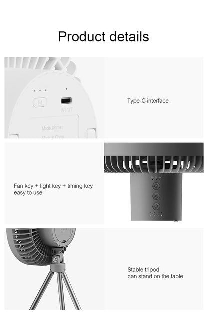 Rechargeable Camping Fan - 10000mAh Power Bank with LED Lighting | Portable Desktop & Wireless Ceiling Electric Circulator Fan
