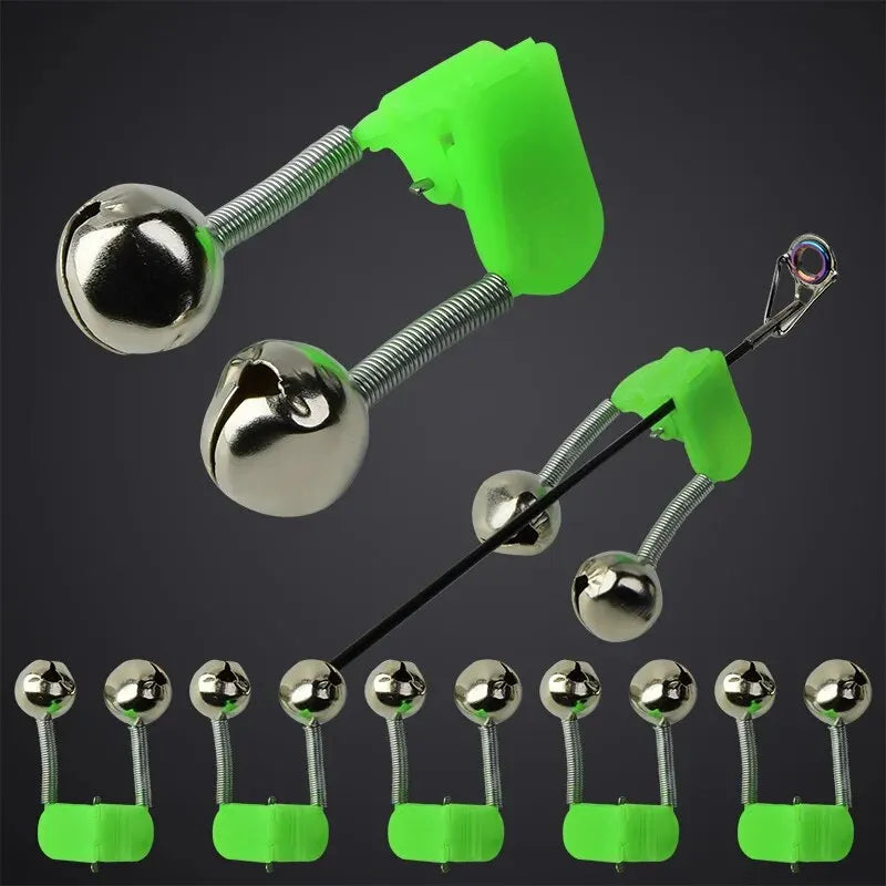 Fishing Rod Bite Alarm Set - 5 Pack Green ABS Bell Clamps with Metal Tips for Outdoor Fishing