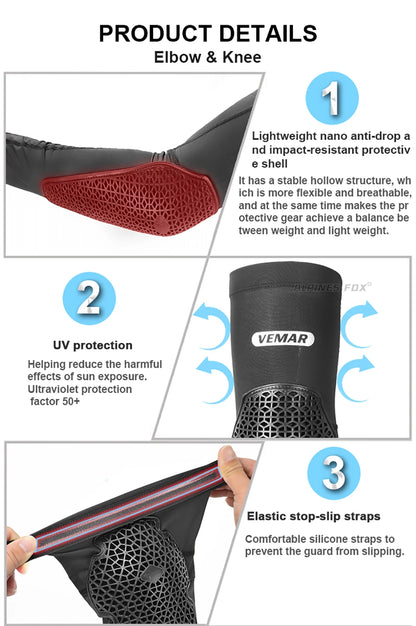 VEMAR Motorcycle Knee and Elbow Pads - Breathable Anti-Fall Protection Guards for Motocross, MTB, DH Cycling - High Elasticity Sleeves