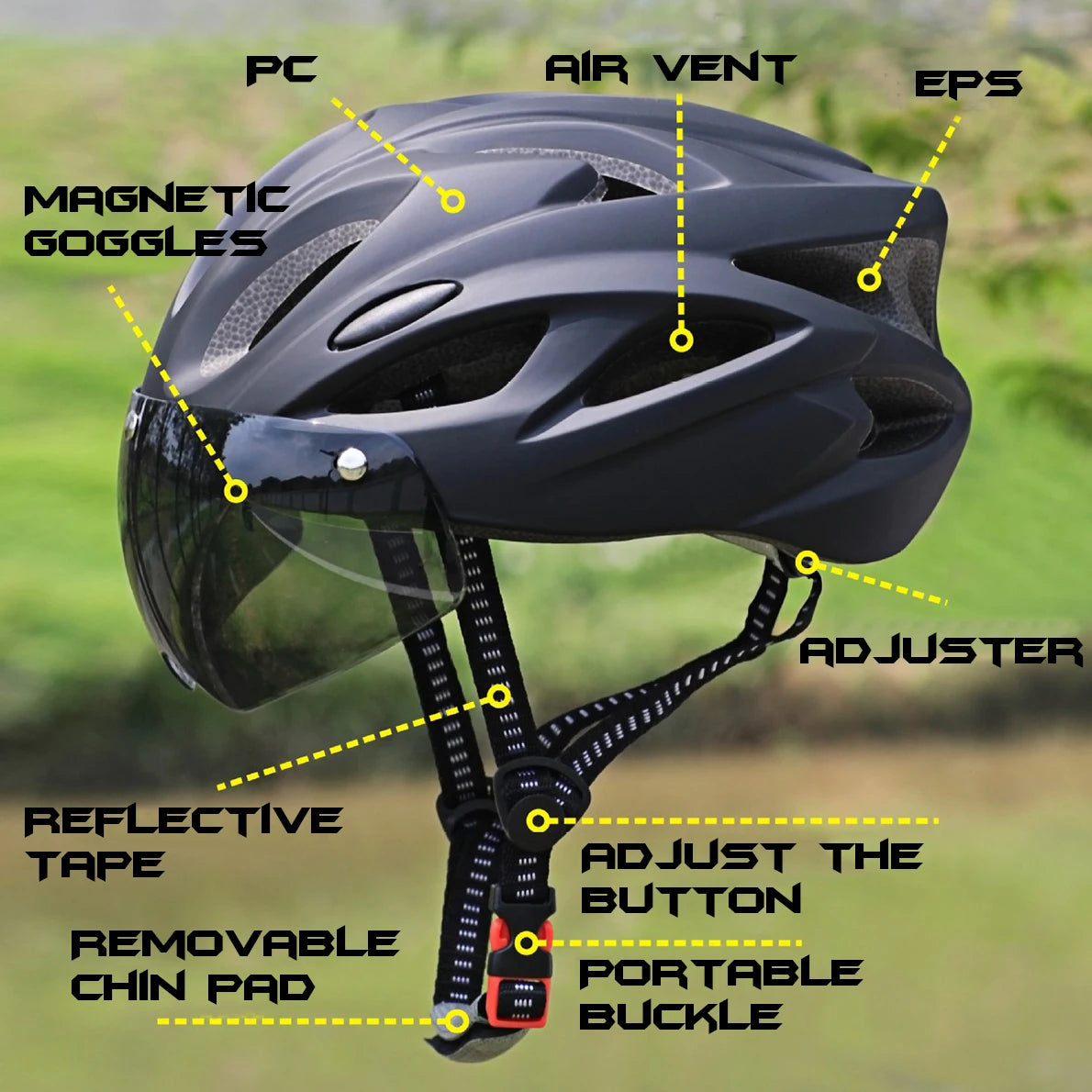 PJT Ultra-Light Cycling Helmet with Magnetic Goggles - PC Shell & EPS Foam Construction, MTB Bike Helmet