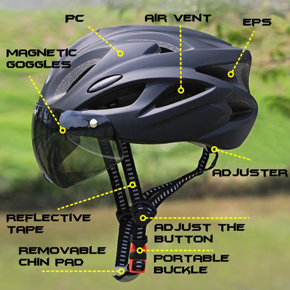 PJT Ultra-Light Cycling Helmet with Magnetic Goggles - PC Shell & EPS Foam Construction, MTB Bike Helmet