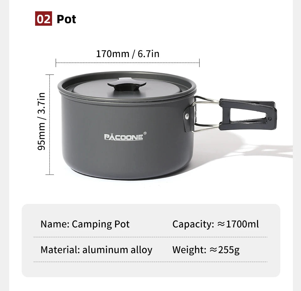 PACOONE Portable Camping Cookware Set - Complete Outdoor Cooking Kit with Pot, Kettle, Pan & Tableware for Hiking and Picnic