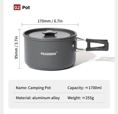 PACOONE Portable Camping Cookware Set - Complete Outdoor Cooking Kit with Pot, Kettle, Pan & Tableware for Hiking and Picnic