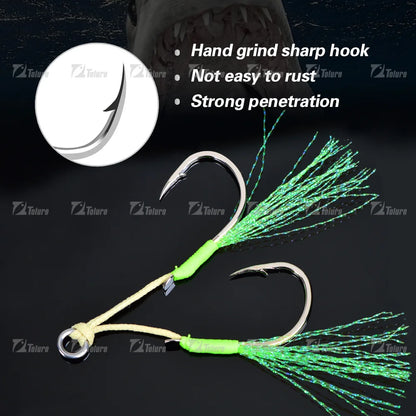 TOLU Metal Jigging Assist Hooks Set - 10 Pieces, Size 13-22#, PE Line with Feather, Solid Ring, UV Enhanced for 10-120g Lures