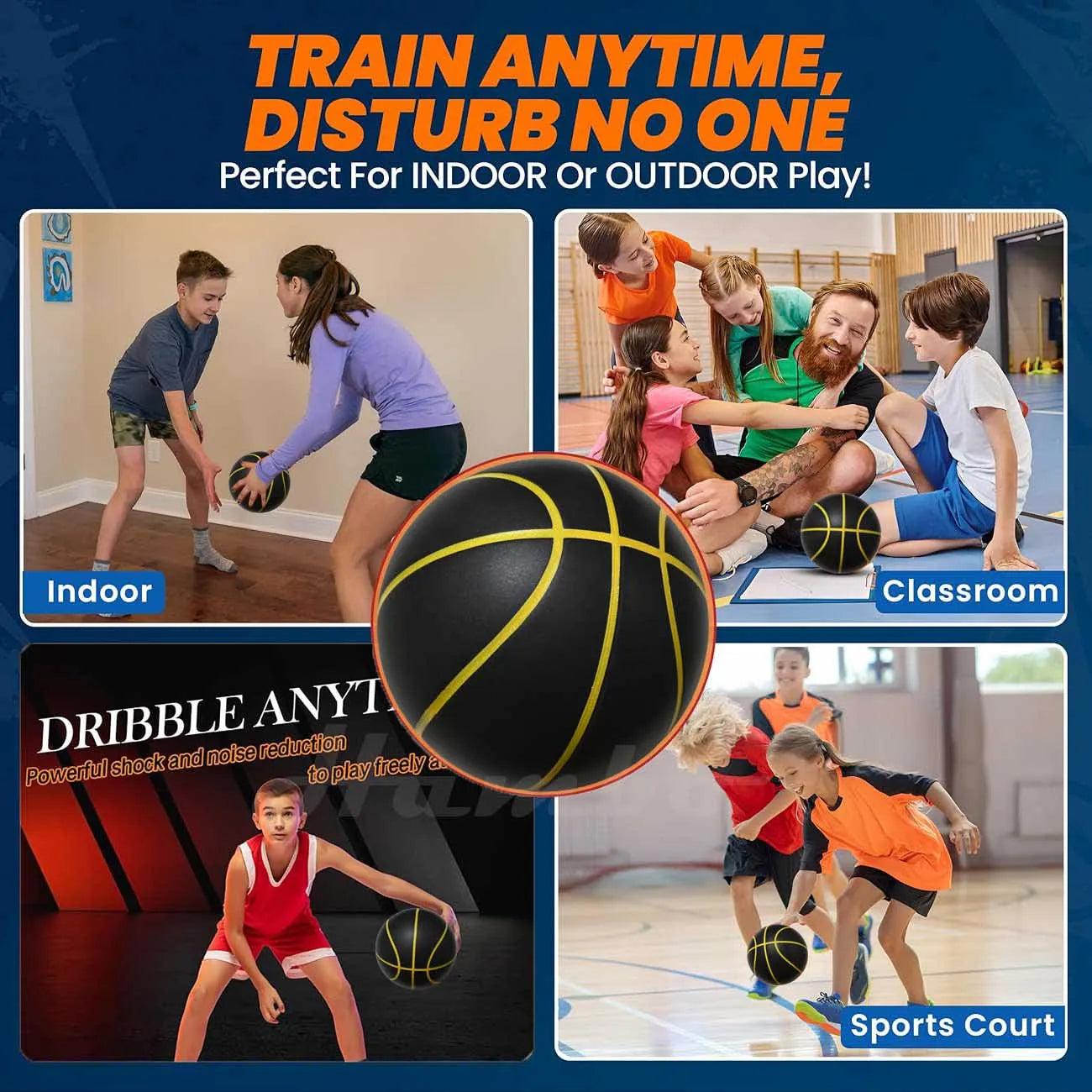 Silent Basketball Size 7 (29.5") - 580g Weighted Noiseless Indoor PU Foam Airless Basketball with Quiet Bounce