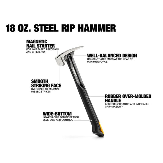 Professional Steel Rip Hammer with Magnetic Nail Starter - Smooth Face Multi-Function Hand Tool (16 oz / 18 oz)