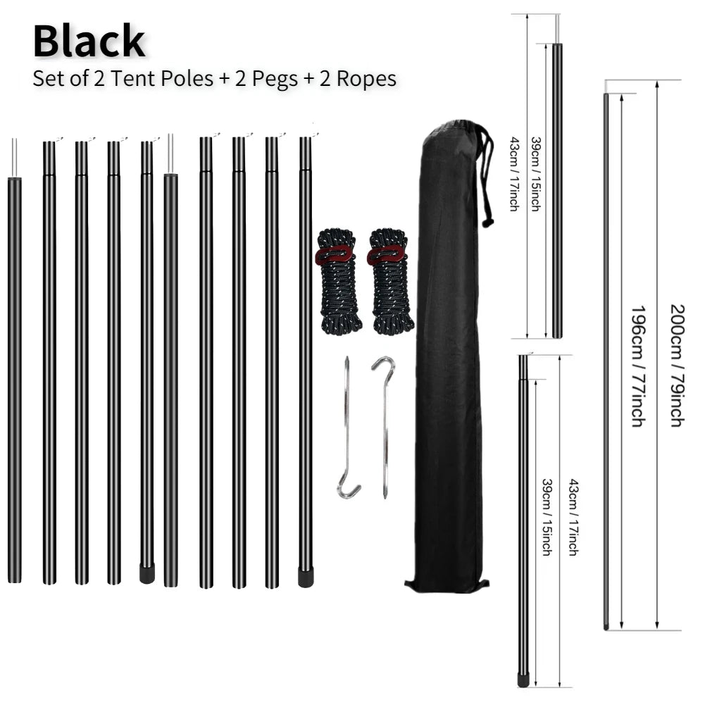 Set of 2 Tent Poles Adjustable Tarp Poles Steel Rods for Sun Shelter Tarp Canopy Camping Replacement With Pegs & Ropes