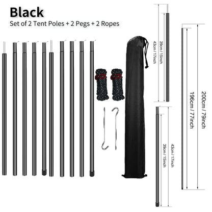 Set of 2 Tent Poles Adjustable Tarp Poles Steel Rods for Sun Shelter Tarp Canopy Camping Replacement With Pegs & Ropes