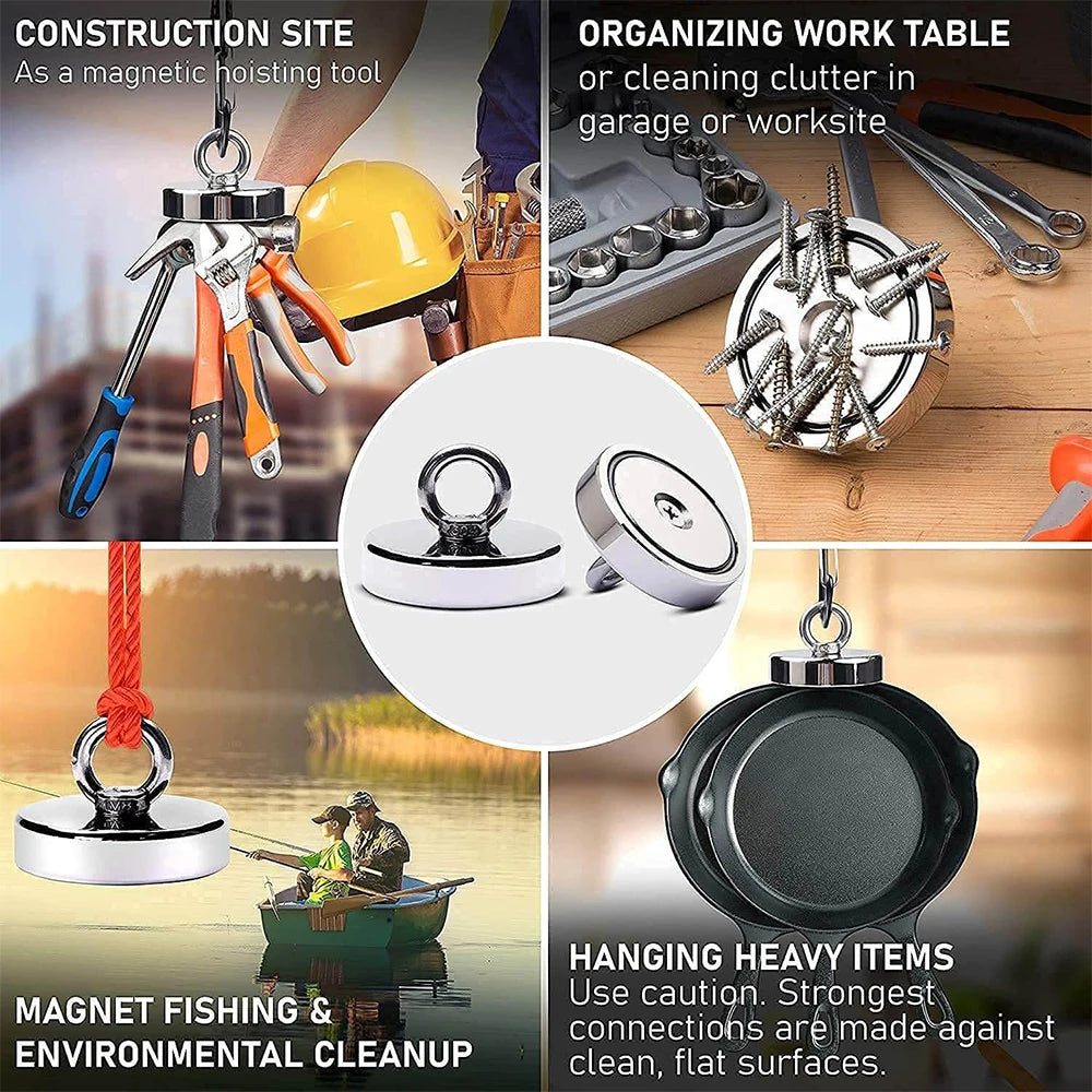 Neodymium Fishing Magnet - N52 Heavy Duty Rare Earth Magnet with Eyebolt (D16-D42mm, 5-61kg Pull Force)