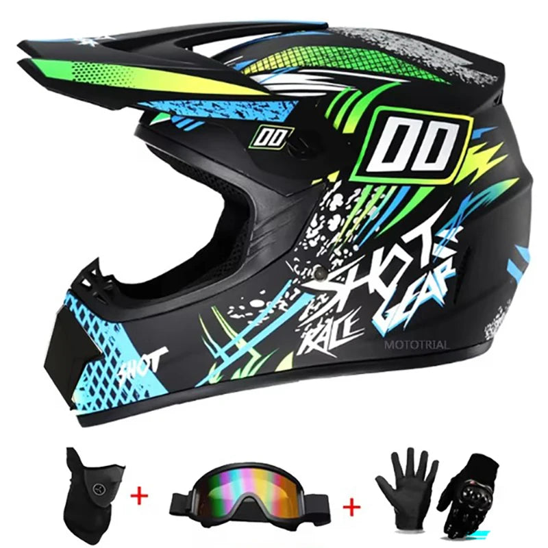 Kids Motocross Helmet Kit - DOT/ECE Certified Full-Face Helmet with Goggles & Gloves (Youth Off-Road Protection Set)