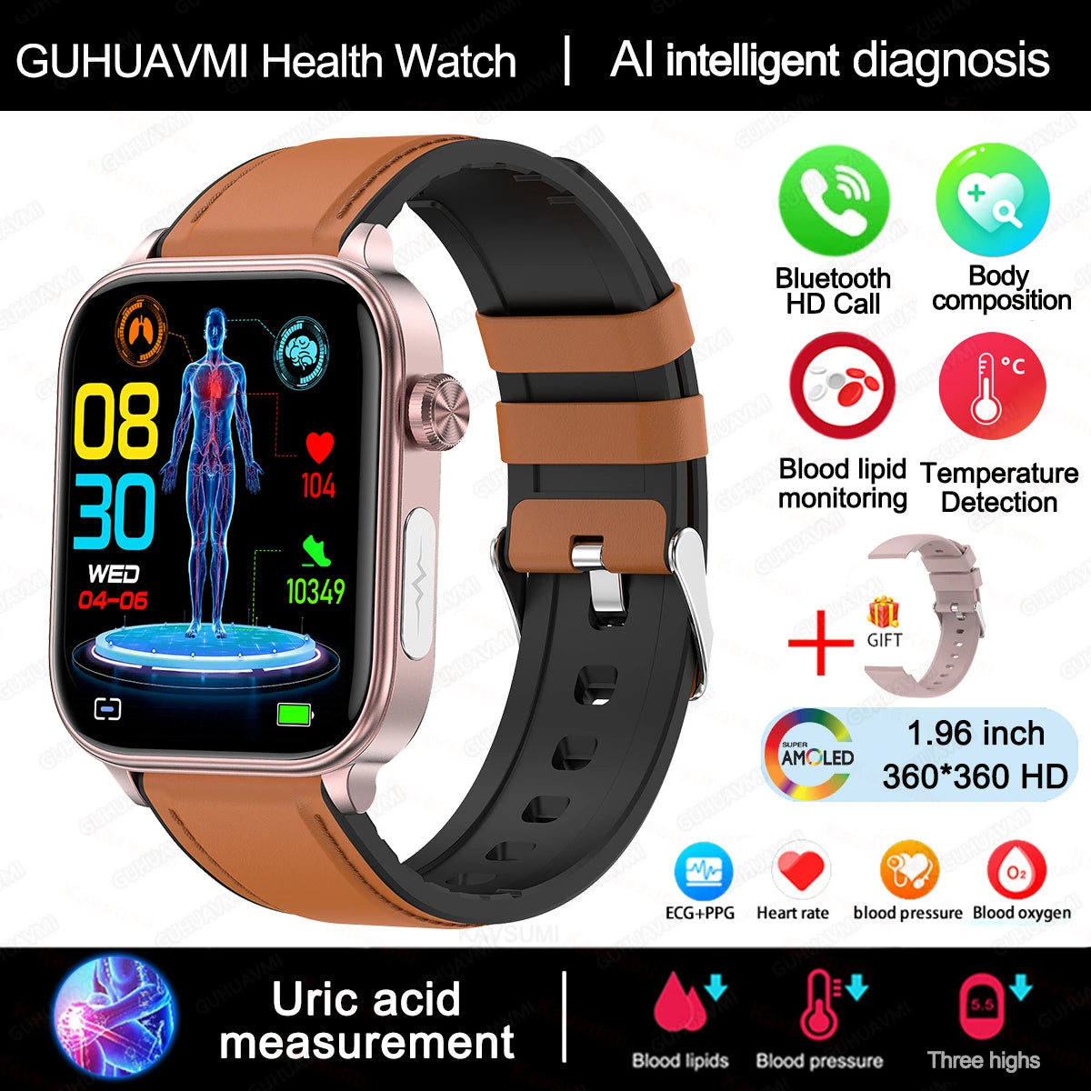 Advanced Health Monitoring Smart Watch - ECG+PPG, Blood Pressure, Heart Rate, 1.96" AMOLED Display, 100+ Sports Modes (Men & Women)