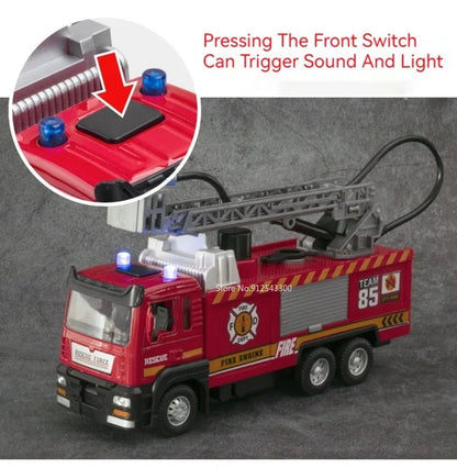 Fire Engine Model Truck 1:32 Scale with Water Spray Function - Ladder Truck Toy with Sound & Light Effects, Pull-Back Action, Opening Doors - Vehicle Collection Gift for Boys