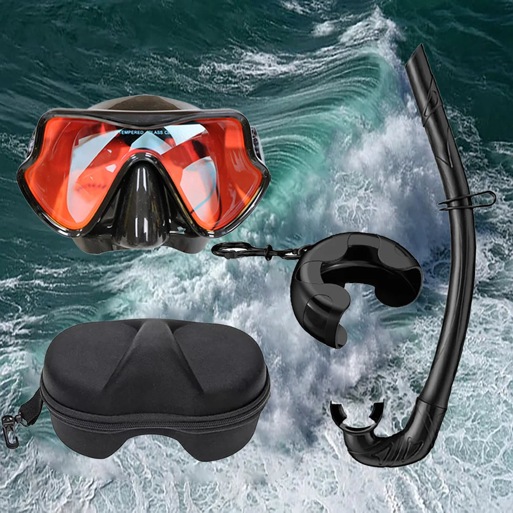 Professional Snorkeling Mask Set Tempered Glass Diving Goggles Foldable Dry Snorkel Tube Travel Case Anti-Fog Silicone