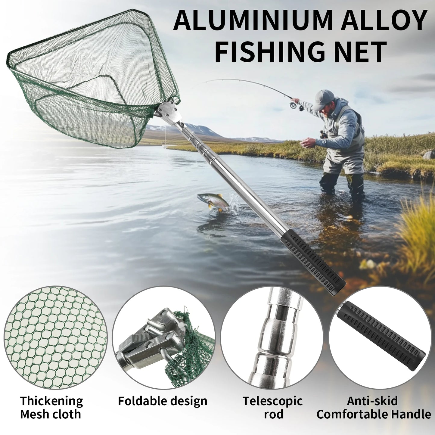 Professional Telescoping Fishing Landing Net - Aluminum Alloy Construction - Extends 55cm to 190cm with Folding Mesh Design