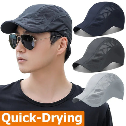 Men's Quick-Dry Mesh Golf Cap - Breathable Flat Visor Sun Hat for Outdoor Sports