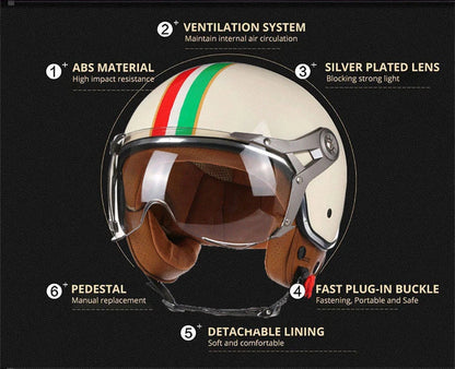 Retro 3/4 Open Face Motorcycle Helmet - Jet Style with Visor for Motorbike & Scooter Riding