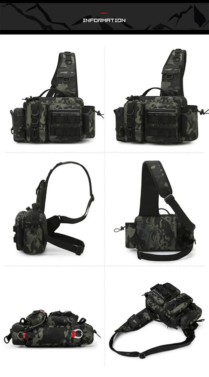 Men's Fishing Backpack with Pole Holder - Equipment Storage Bag with Bait Box, Sling Shoulder Strap