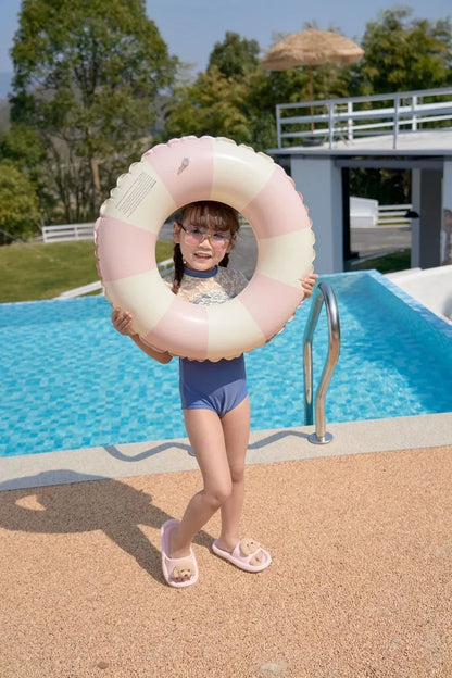 Kids PVC Striped Swimming Ring - Inflatable Floating Tube Donut for Boys & Girls Summer Pool Fun