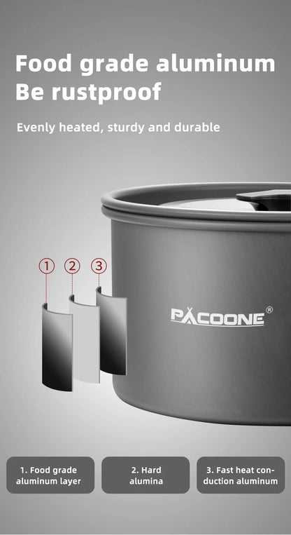 PACOONE Portable Camping Cookware Set - Complete Outdoor Cooking Kit with Pot, Kettle, Pan & Tableware for Hiking and Picnic