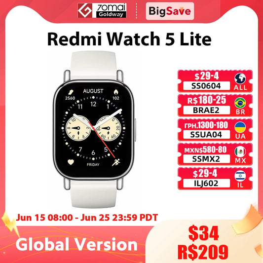 Xiaomi Redmi Watch 5 Lite Global Version - 1.96" AMOLED Display - 18-Day Battery Life - Bluetooth Calling - Built-in GNSS - 5ATM Water Resistant