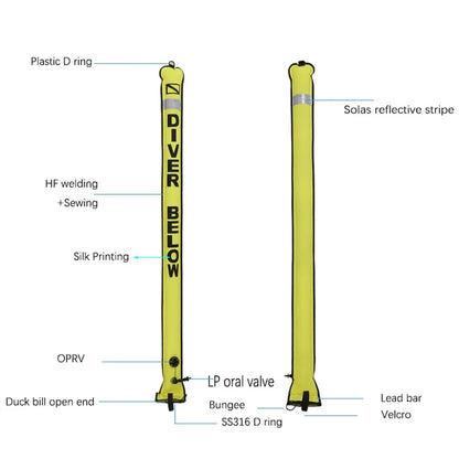 Professional Scuba Diving Safety Signal Tube - High Quality Inflatable Surface Marker Buoy (SMB) - 1.2M/1.5M/1.8M Diver Below Safety Sausage