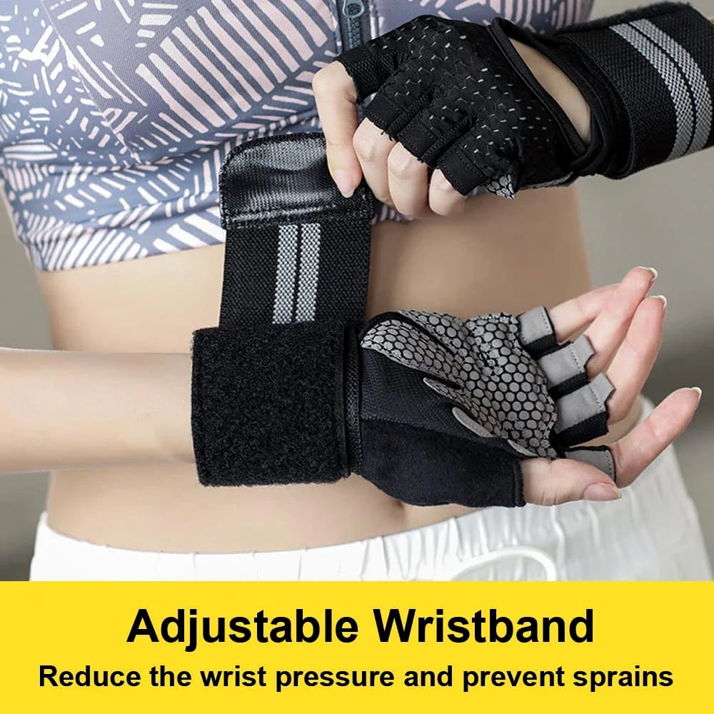 Half-Finger Workout Gloves with Wrist Support - Weight Lifting & Gym Training