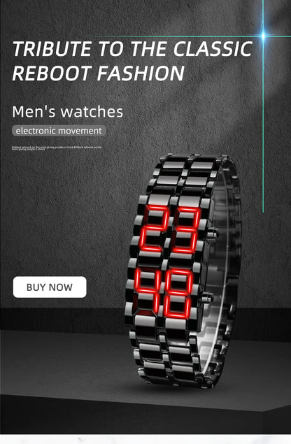 LED Digital Sports Watch - Full Metal Lava Style Wristwatch with Alarm & Calendar (Red/Blue Display)