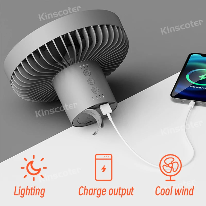 Rechargeable Camping Fan - 10000mAh Power Bank with LED Lighting | Portable Desktop & Wireless Ceiling Electric Circulator Fan