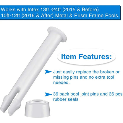 Intex Pool Joint Pin Replacement Set - 12/24 Piece Plastic Lock Pins with Rubber Seals for Round Metal Frame Swimming Pools