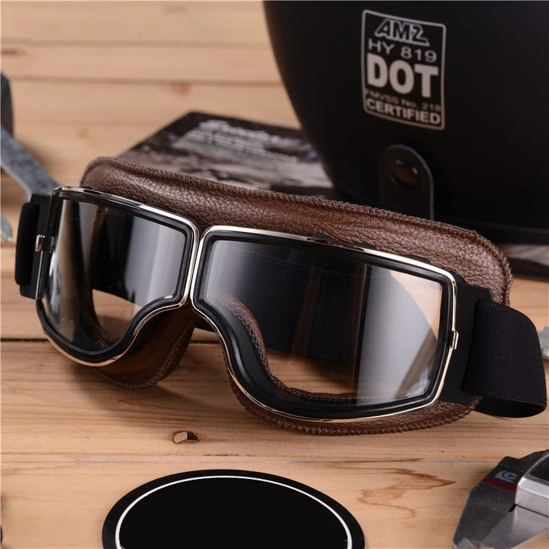 Retro Motorcycle Goggles - Windproof Folding Helmet Sunglasses with Leather Trim