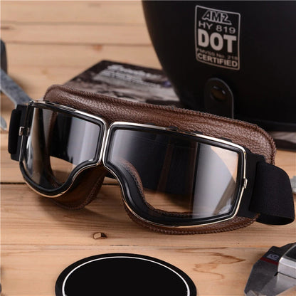 Retro Motorcycle Goggles - Windproof Folding Helmet Sunglasses with Leather Trim