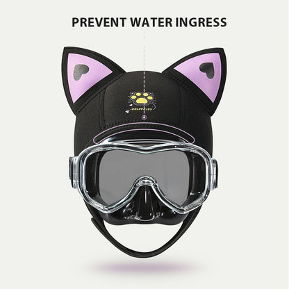 Women's Waterproof 3MM Neoprene Diving Hood - Cute Cat Ears Design with Chin Straps for Swimming & Snorkeling