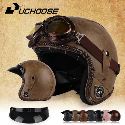 Retro Open Face 3/4 Motorcycle Helmet - Classic PU Leather Chopper & Bicycle Helmet (Vintage Style)