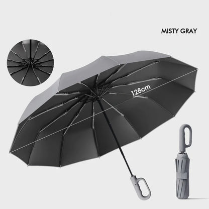 Extra Large 12-Rib Automatic Umbrella - Windproof Dual-Purpose Folding Rain & Sun Umbrella with Ring Buckle & Black Coating