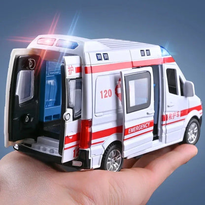 1:32 Scale Diecast Emergency Vehicle Model - Mini Car with Sound & Light (Ambulance, Fire Truck, Police Car)
