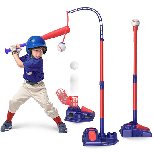 3-in-1 Kids Baseball Training Set - Batting Tee, Stand & Pitching Machine with 4 Softballs & Bat (Ages 3-8)