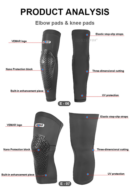 VEMAR Motorcycle Knee and Elbow Pads - Breathable Anti-Fall Protection Guards for Motocross, MTB, DH Cycling - High Elasticity Sleeves