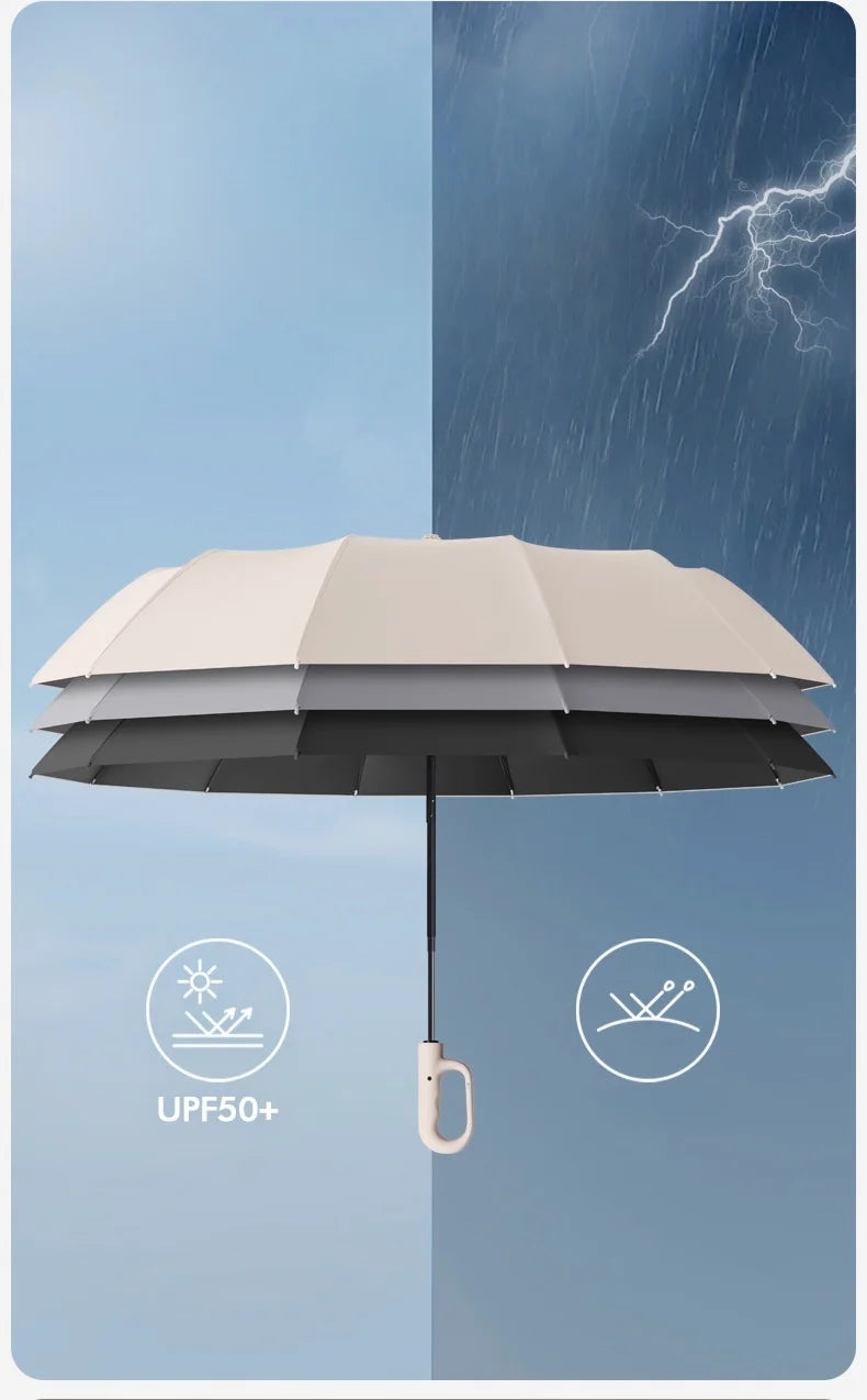 Extra Large 12-Rib Automatic Umbrella - Windproof Dual-Purpose Folding Rain & Sun Umbrella with Ring Buckle & Black Coating