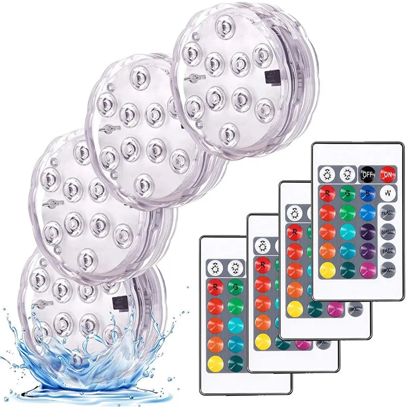 RGB LED Underwater Light - 10 LED Battery Powered Submersible Night Lamp for Swimming Pools, Gardens, Weddings & Party Decorations