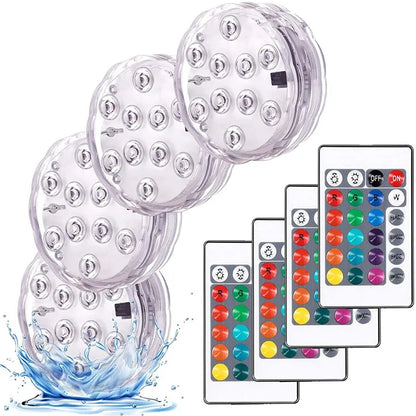 RGB LED Underwater Light - 10 LED Battery Powered Submersible Night Lamp for Swimming Pools, Gardens, Weddings & Party Decorations