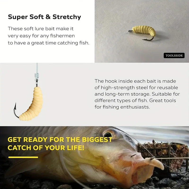 50 Piece Mixed Soft Worm Fishing Bait Set - Bread Worms & Maggots - Bionic Soft Bait with Fishy Scent