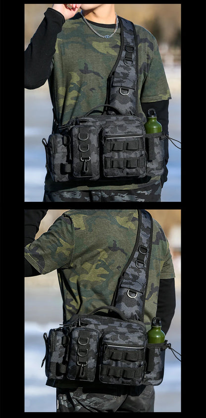 Men's Fishing Backpack with Pole Holder - Equipment Storage Bag with Bait Box, Sling Shoulder Strap