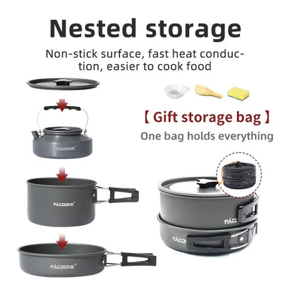 PACOONE Portable Camping Cookware Set - Complete Outdoor Cooking Kit with Pot, Kettle, Pan & Tableware for Hiking and Picnic
