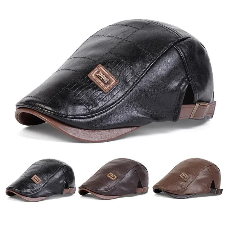 Premium Faux Leather Newsboy Cap - Adjustable Retro Flat Cap for Men